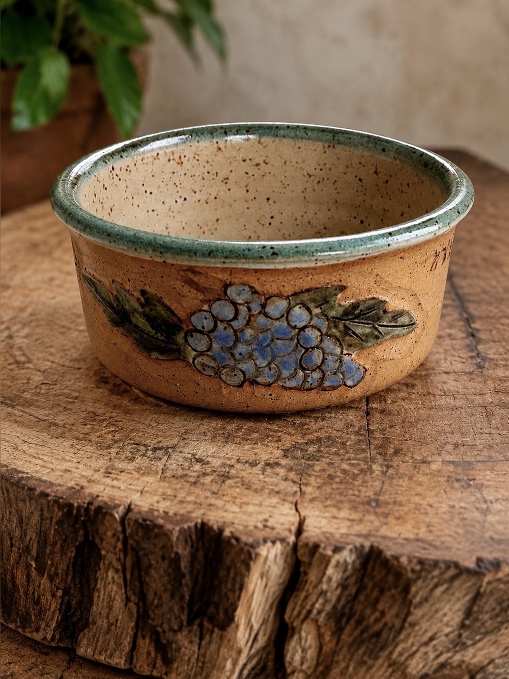 Vintage Studio Pottery Grape Wine Bottle Coaster Signed Ceramic
